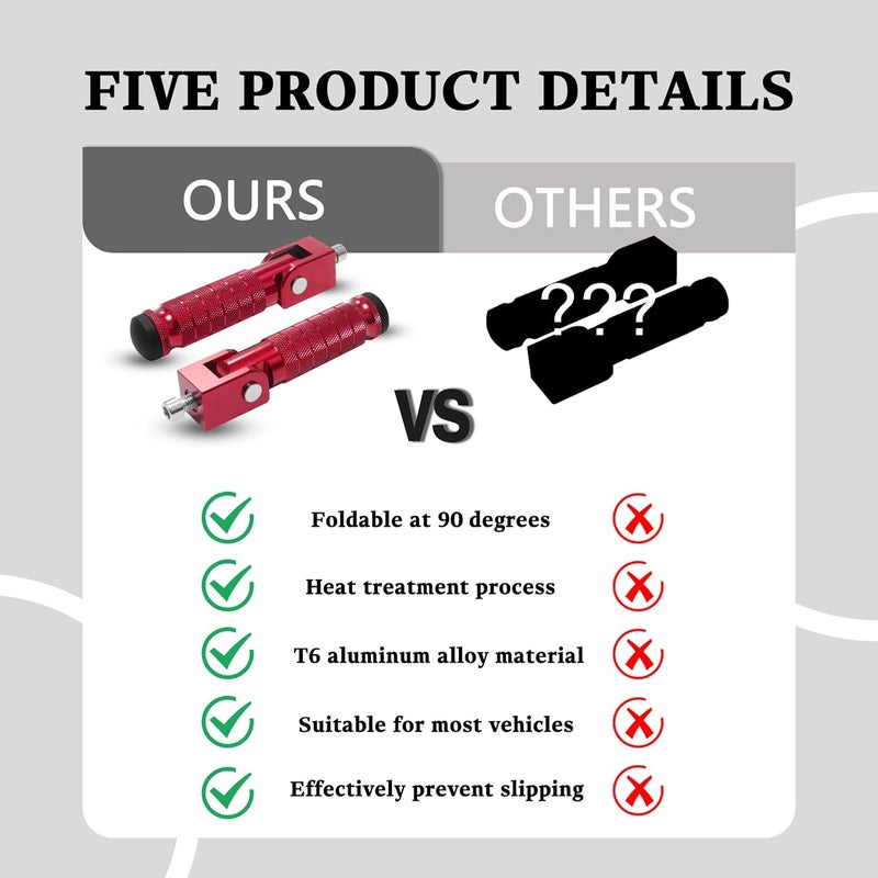 VUOZIP M8 Universal CNC Motorcycle Foot Pegs Degree Foldable Bike Pegs Aluminum Fit Electric Car Motorbike Scooter Mini Bike Ebike Dirt Bike Go Kart Honda Yamaha Suzuki Aprilia Super73 (Red, Type A) - Image 4